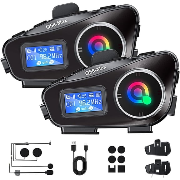 2-PACK Motorcycle Helmet Intercom, 1500FT Wireless Communication, Built-in Display, FM Radio, Noise Reduction, Music Sharing for 2 Riders, High Volume Sound Quality, 1000mAh
