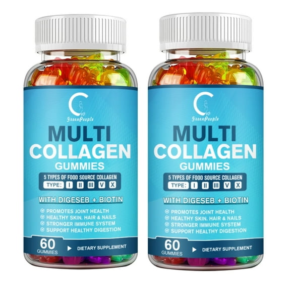 2 PACK Multi Collagen Gummies | 5 Types of Food Source Collagen Supplements - Promotes Healthy Hair, Skin, Nail | 120 Gummies