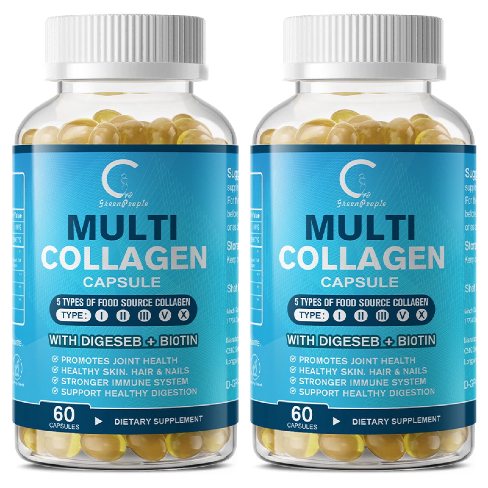 (2 PACK) Multi Collagen Capsules with Biotin & Vitamin C - 5 Types (I, II, III, V, X) - 120 Capsules