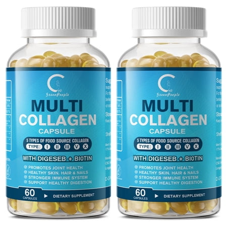 (2 PACK) Multi Collagen Capsules with Biotin & Vitamin C - 5 Types (I, II, III, V, X) - 120 Capsules