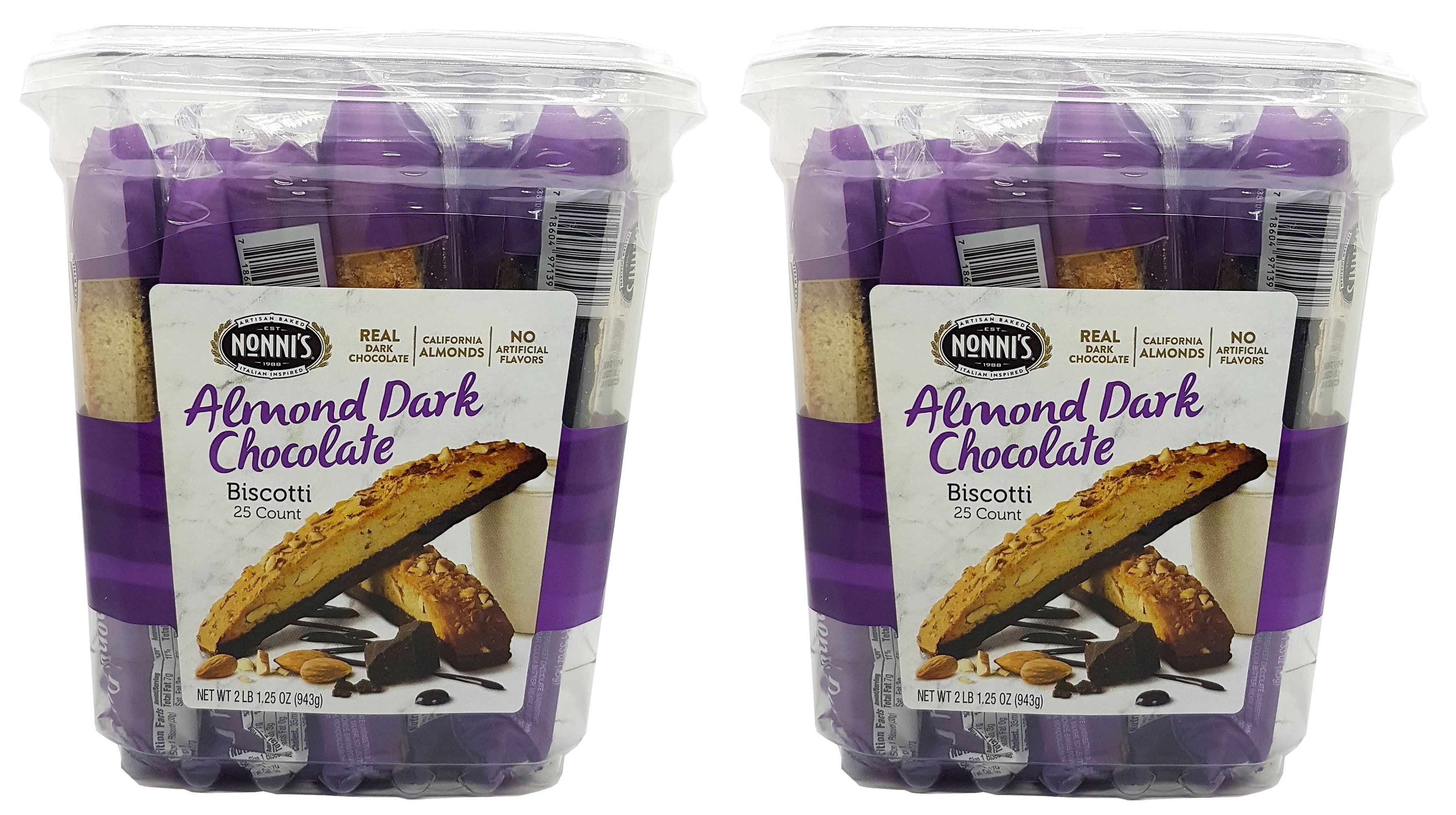 2 PACK Nonni’s Biscotti, Almond Dark Chocolate, 1.33 oz, 25count