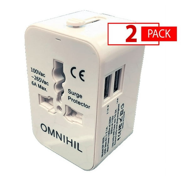 [2 PACK] OMNIHIL International Universal All in One Worldwide Travel Adapter Wall Charger with Dual USB Charging Ports compatible with USA EU UK AUS European