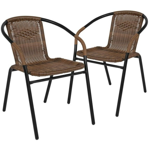 2 PACK Outdoor Patio Stackable Restaurant Dining Chair with Brown Rattan Back/Seat and Black Steel Frame
