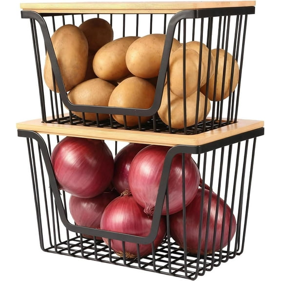 2 PACK Pantry Organizers and Storage, Stackable Onion Potato Bins | Large Wire Storage Basket, Breathable Design for Onion, Potato, Garlic, Fruit, Vegetables Fresh, Kitchen Pantry Storage
