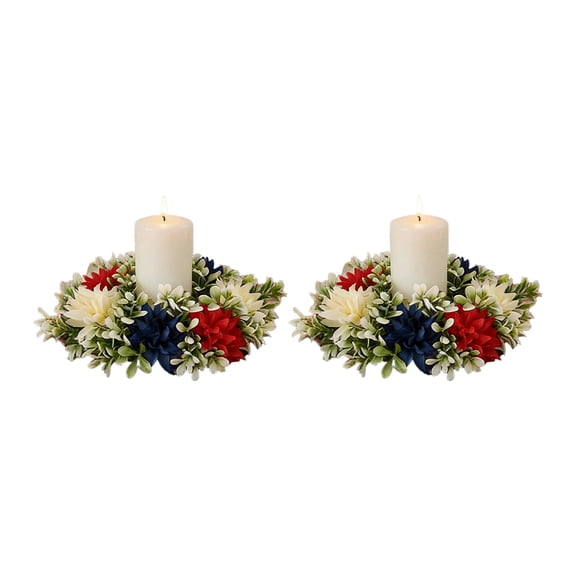 2 Pack 4th of July Decorations, Independence Day Themed Candle Wreath Patriotic Floral Centerpiece Decor For Desk Red White Blue Flower Ring For Holiday Celebration