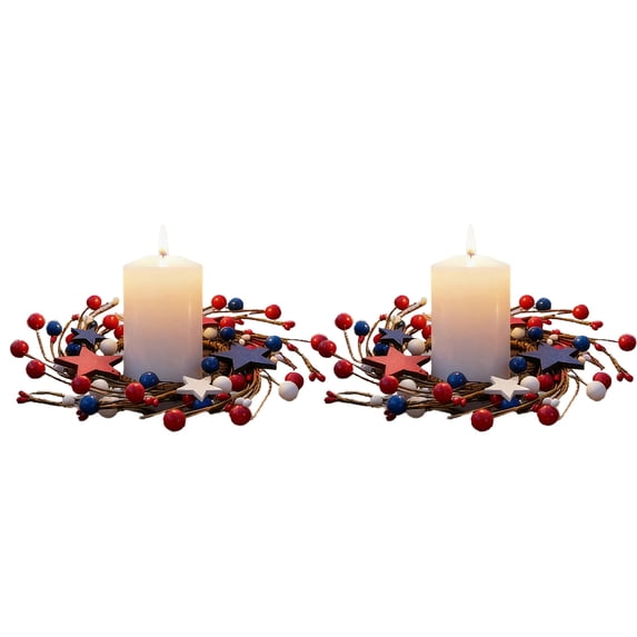 2 Pack 4th of July Decorations, Independence Day Themed Candle Wreath Patriotic Floral Centerpiece Decor For Desk Red White Blue Flower Ring For Holiday Celebration