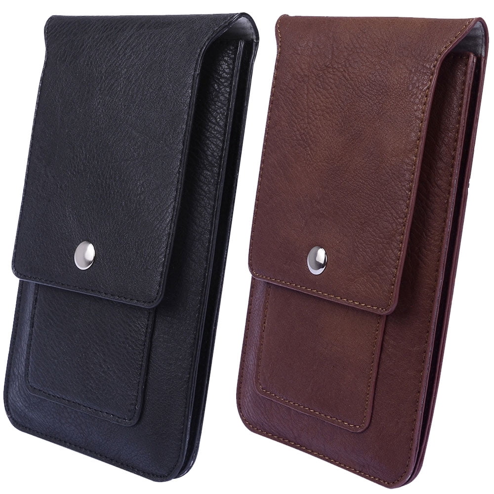 2-PACK: Professional Vegan Leather Vertical Smartphone Holster Wallet (Black/Brown) with Belt Loop, Carabiner, Card Slots - fits Smartphones up to 6.5-inch iPhone XR/XS Max/XS Galaxy S10+/S9 Note 9/8