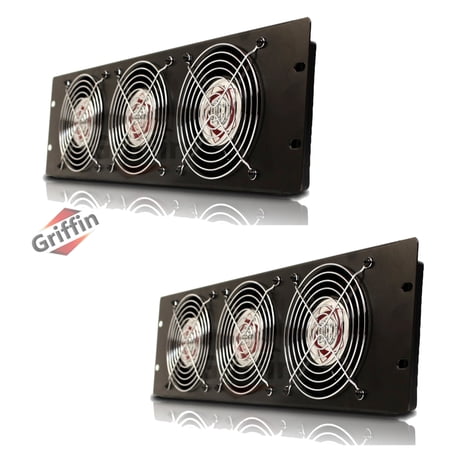 2 PACK - Rackmount Cooling Fan by Griffin 3U Ultra-Quiet Triple Exhaust Fans, Keep Studio Audio Equipment Gear Cool Rack Mount on Network IT System Server Rails Temperature Control Panel Cabinet