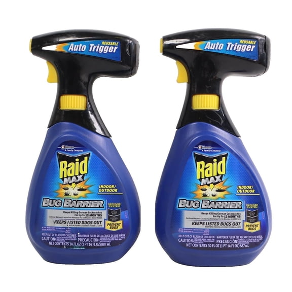 2 PACK Raid Max Bug Barrier Indoor Outdoor Pest Spray 30oz Reusable Auto Trigger