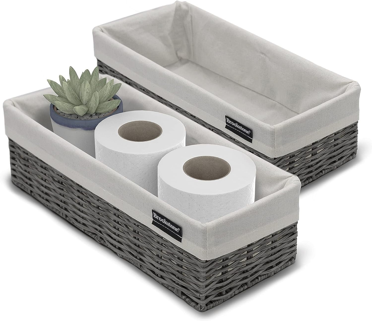 Natural Wicker Rectangular Storage Baskets with Wood Handles, Set of 2