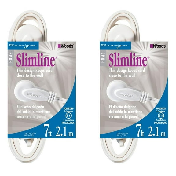 Woods Slimline 2236 7ft Indoor Extension Cord, White, 2 Packs