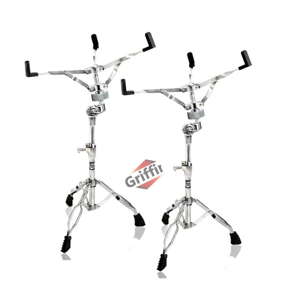 2-PACK Snare Drum Stand by Griffin Chrome Double Braced, Light Weight Mount for Standard Snares, Tom Drums & Practice Pad Slip-Proof Gear Tilter & Clamp Style Basket Holder Percussion Hardware Kit