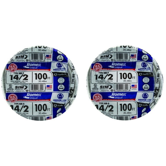 2-PACK - Southwire 28827423 100' 14/2 w/ ground Romex brand SIMpull residential indoor electrical wire type NM-B, White