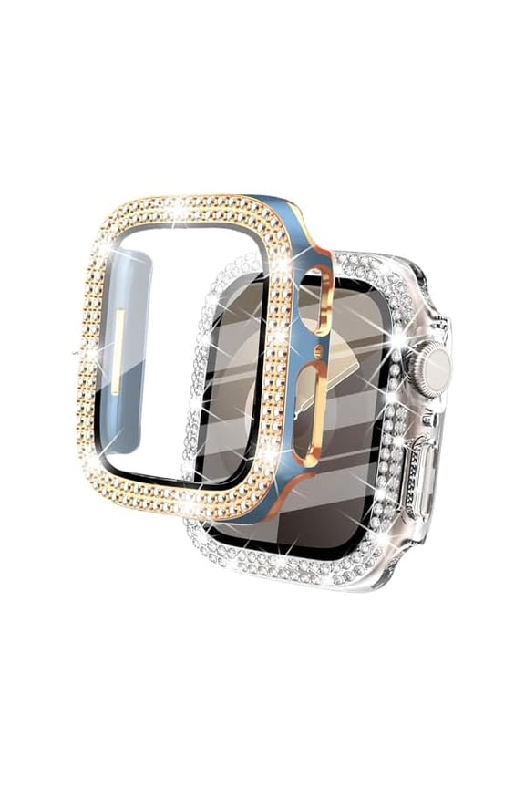 [2-PACK Tempered Glass Case Compatible with Apple Watch Series 9/8 / 7 (41mm), Shiny Two-tone Diamond Protective Case Cover with Screen Protector (41mm, Rose-Blue+ Transparent)