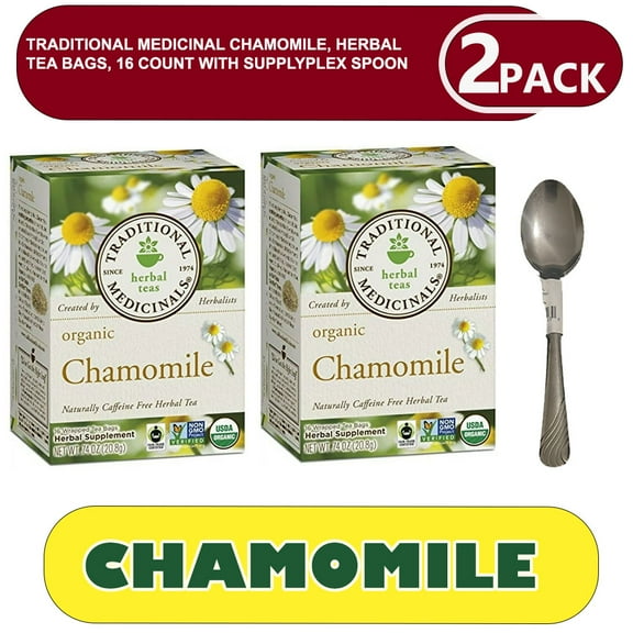 2 PACK Traditional Medicinal Chamomile, Herbal Tea Bags, 32 Count with supplyplex spoon