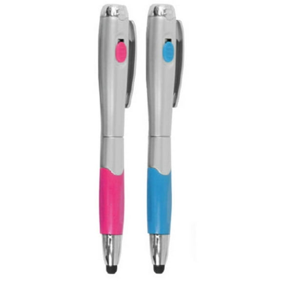 [2-PACK] Universal 3-in-1 Stylus + Ballpoint Pen + LED Flashlight For Smartphones Tablets [PINK + BLUE]