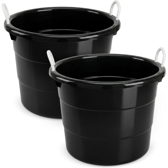 2-PACK Utility Tub, Large Plastic Storage Bucket with Rope Handles, 18 Gallon, Black - Portable Indoor and Outdoor Buckets for Kitchen, Laundry, Garden, Bathroom, and Garage Organization