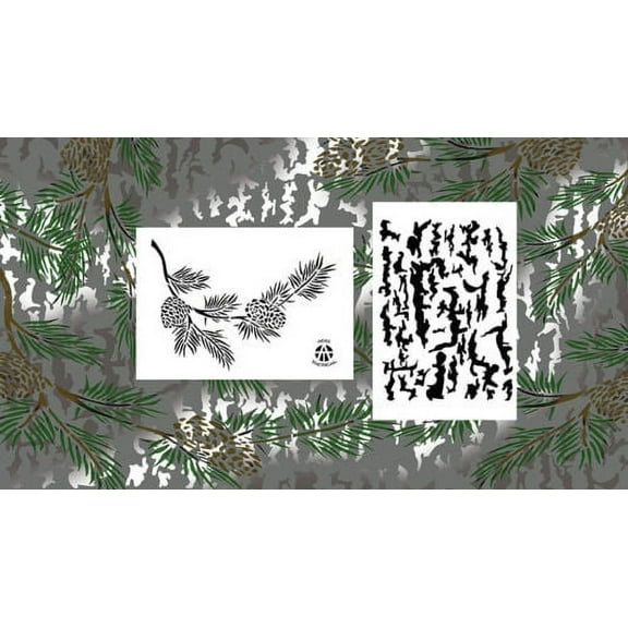 2 PACK Vinyl Airbrush Spray Paint Stencils 10Mil 14" Camouflage Pine Branch Bark