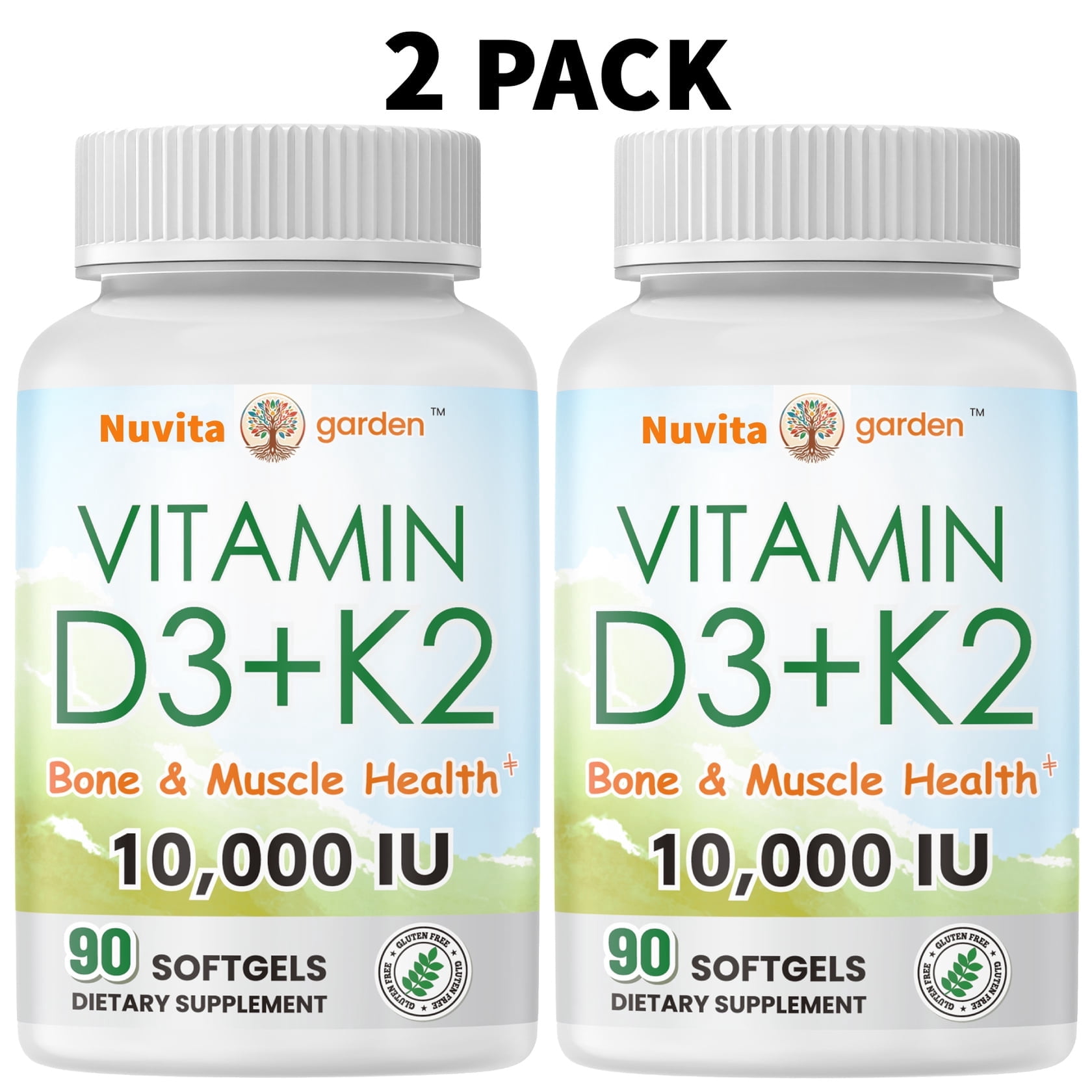 (2 PACK) Vitamin D-3 & K-2, 10,000 IU/250 mcg,Plus Cardiovascular Support, Supports Bone Health, 90 Softgels