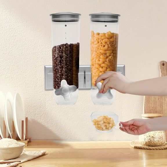2 PACK Wall Mount Double Dry Cereal Dispenser, Convenient Storage Dual Control for Cereal Nuts, Candy Food Container