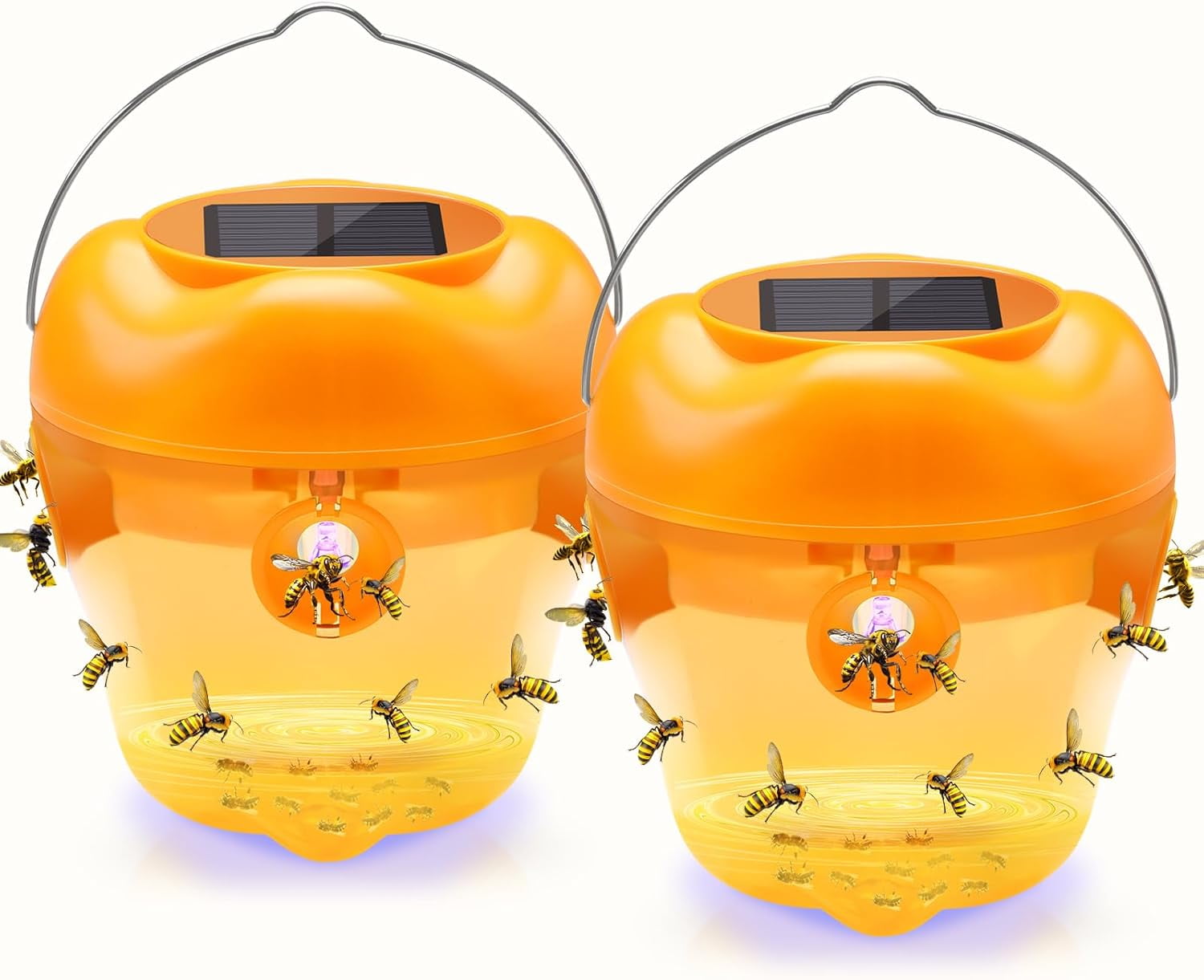 2 PACK Wasp Trap, Solar Wasp Traps Hanging, Reusable Yellow Jacket Bee Traps for Outside with LED Light, Hornet Trap for Orchard, Farm, Garden, Patio, Courtyard (Yellow)