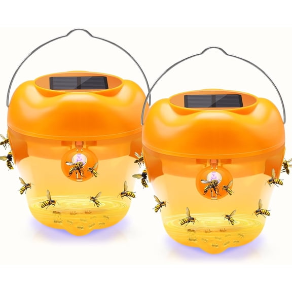 2 PACK Wasp Trap, Solar Wasp Traps Hanging, Reusable Yellow Jacket Bee Traps for Outside with LED Light, Hornet Trap for Orchard, Farm, Garden, Patio, Courtyard (Yellow)