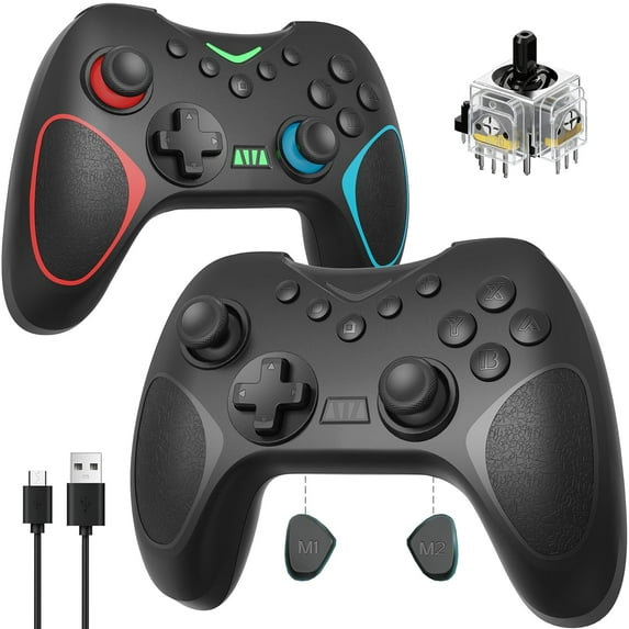 2 Pack Wireless Controller for Nintendo Switch/Switch 2/Lite/OLED/PC with Hall Effect Joystick, RGB Light Wake-Up, Turbo, Dual Vibration, Programmable Buttons