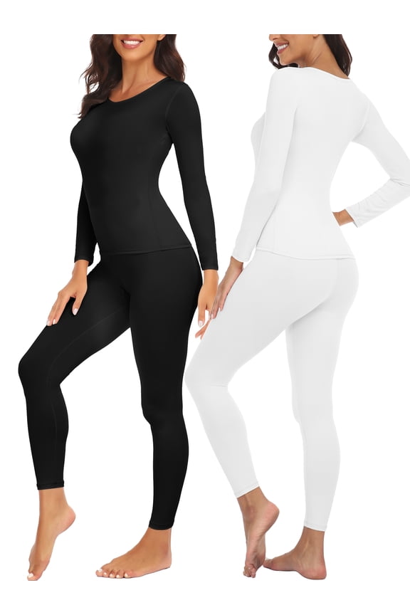 2 PACK Womens Thermal Underwear Sets Scoop Neck Shirt Tummy Slimming Shapewear Long Sleeve Baselayer