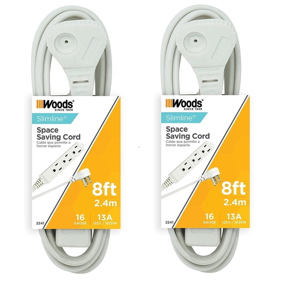 2-PACK - Woods/Coleman Cable 16/3 White - 8' Slimline Extension Cord (2241)
