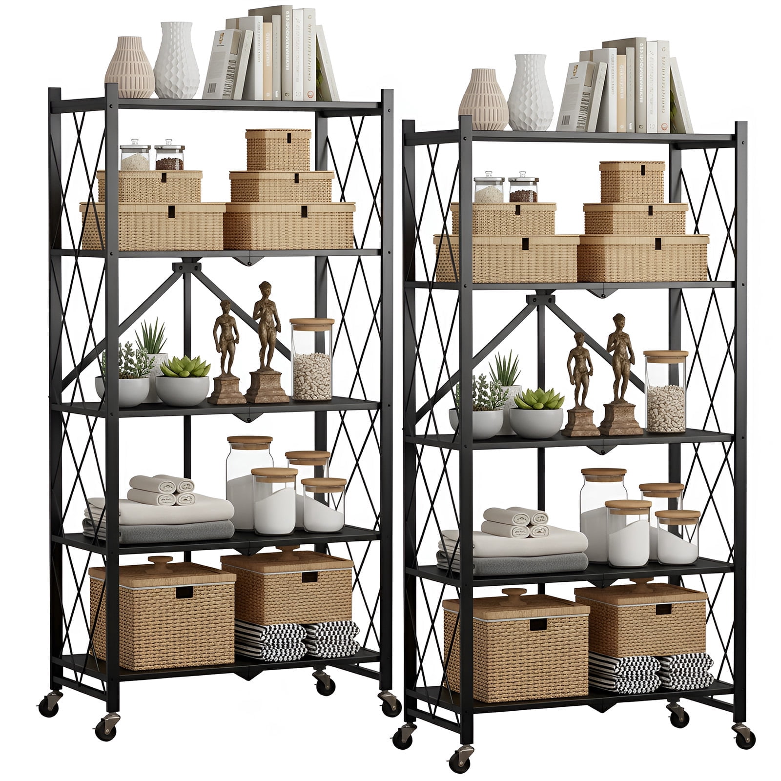 2 PACKS 5 Tier Foldable Shelves, 28"Lx13"Dx63"H Rolling Folding Rack