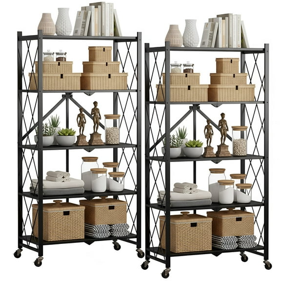 2 PACKS 5 Tier Foldable Shelves, 28"Lx13"Dx63"H Rolling Folding Rack, Freestanding Metal Wire Foldable Rack, No Assembly Collapsible Shelving Unit for Garage Basement Pantry(Black)