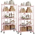 thumbnail image 1 of 2 PACKS 5 Tier Folding Shelves, 28"Lx13"Dx63"H Storage Shelves with Wheels, Freestanding Wire Foldable Kitchen Rack, No Assembly Rolling Rack for Garage Basement Pantry(Pink), 1 of 8