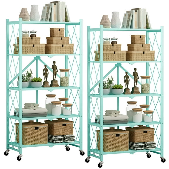 2 PACKS 5 Tier Folding Shelves with Wheels, 28"Lx13"Dx63"H Metal Foldable Shelves for Storage, Freestanding Wire Kitchen Rack, No Assembly Rolling Rack for Garage Basement Pantry(Green)