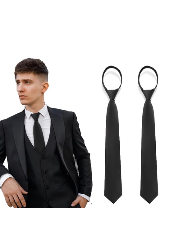 2 PACKS Pre Tied Adjustable Black Zipper Ties for Men 3.15" (8CM) Womens Solid Color Necktie