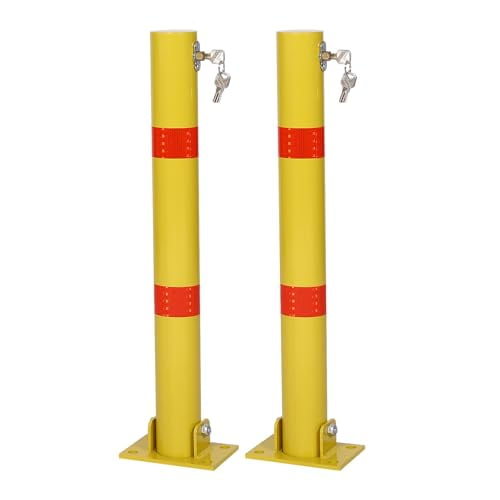 2 PACKS sAFETY bOLLARD - fOLDABLE pARKING bOLLARD pOLE bARRIER WITH 4 fREE aNCHER bOLTS & lOCK | yELLOW sTEEL sAFETY bOLLARD pOST FOR dRIVEWAYS, pARKING lOTS, sTORE eNTRANCES AND sENSITIVE aREAS