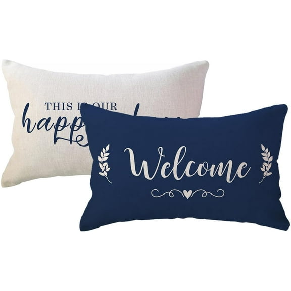 2 PACk Welcome to Our Happy Place Decorative Pillowcases Home Quotes Lumber Cushion Covers 12 x 20 Inch Rustic Family Words Farmhouse Decor for Sofa/Couch/Porch (Blue)