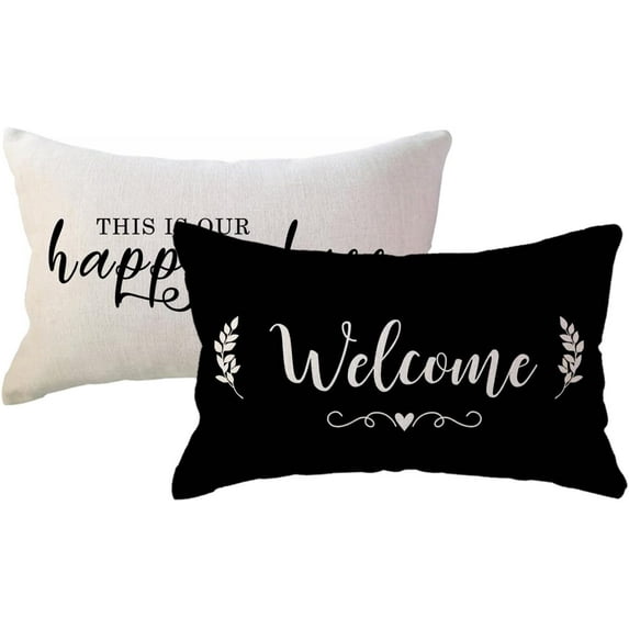 2 PACk Welcome to Our Happy Place Decorative Pillowcases Home Quotes Lumber Cushion Covers 12 x 20 Inch Rustic Family Words Farmhouse Decor for Sofa/Couch/Porch (Black)
