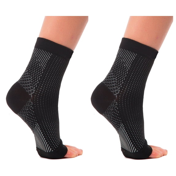 2 PAIR Plantar Fasciitis Sleeves Socks for Heel & Arch Pain, Graduated Compression Sock for Runners, Nurses, Travelling and Gym Moisture Wicking FREE Eyeglass Pouch by iSupportPosture (Black/Grey, L)