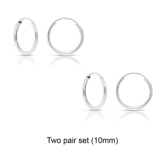 2 PAIR SET! Tilo Jewelry 14K White Gold Endless Hoop Earrings, 1mm Tube (10mm) Women, Men & Unisex