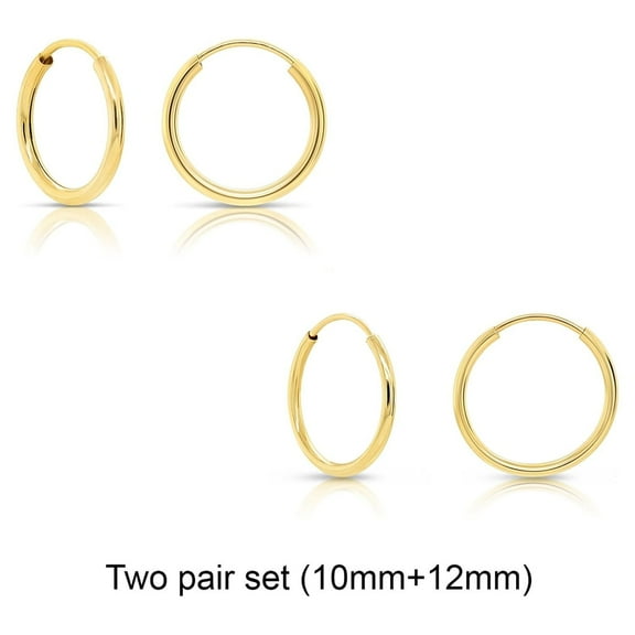 2 PAIR SET! Tilo Jewelry 14K Yellow Gold Endless Hoop Earrings, 1mm Tube (10mm, 12mm) Women, Men & Unisex