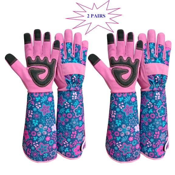 2 PAIRS Gardening Gloves for Women – Thorn Proof Rose Pruning Gloves, Breathable Touchscreen Long Forearm Protection Garden Gloves with star flower Pattern (pink)