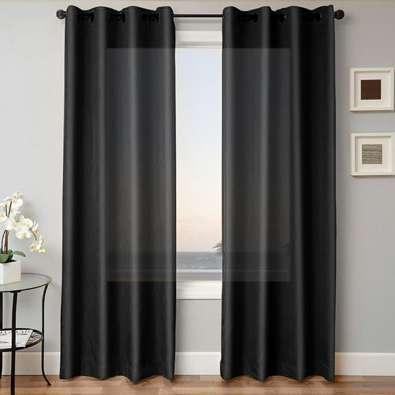 2 PANEL MIRA SOLID BLACK SEMI SHEER WINDOW FAUX SILK ANTIQUE BRONZE GROMMETS CURTAIN DRAPES 55 WIDE X 108" LENGTH