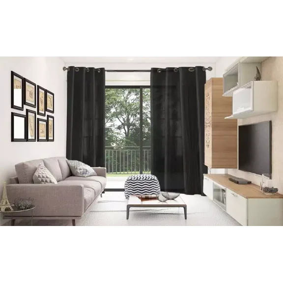 2 Pieces Silky Drapes Light filtering with grommets solid colors 84 inch long NG Black 95" Long x 110" total wide