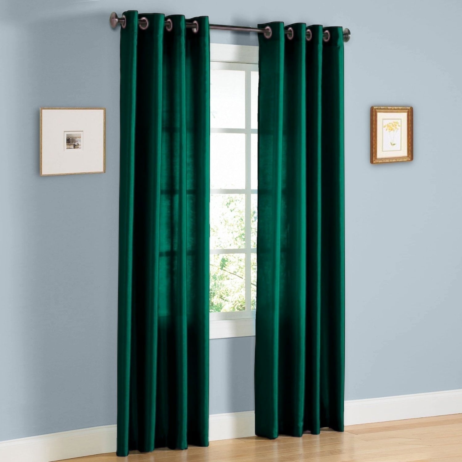 2 PANEL MIRA  SOLID HUNTER GREEN SEMI SHEER WINDOW FAUX SILK ANTIQUE BRONZE GROMMETS CURTAIN DRAPES 55 WIDE X 84" LENGTH