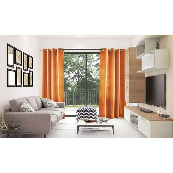 2 PANEL MIRA SOLID ORANGE SEMI SHEER WINDOW FAUX SILK ANTIQUE BRONZE GROMMETS CURTAIN DRAPES 55 WIDE X 84" LENGTH