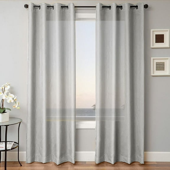 2 PANEL MIRA SOLID SILVER GRAY SEMI SHEER WINDOW FAUX SILK ANTIQUE BRONZE GROMMETS CURTAIN DRAPES 55 WIDE X 95" LENGTH