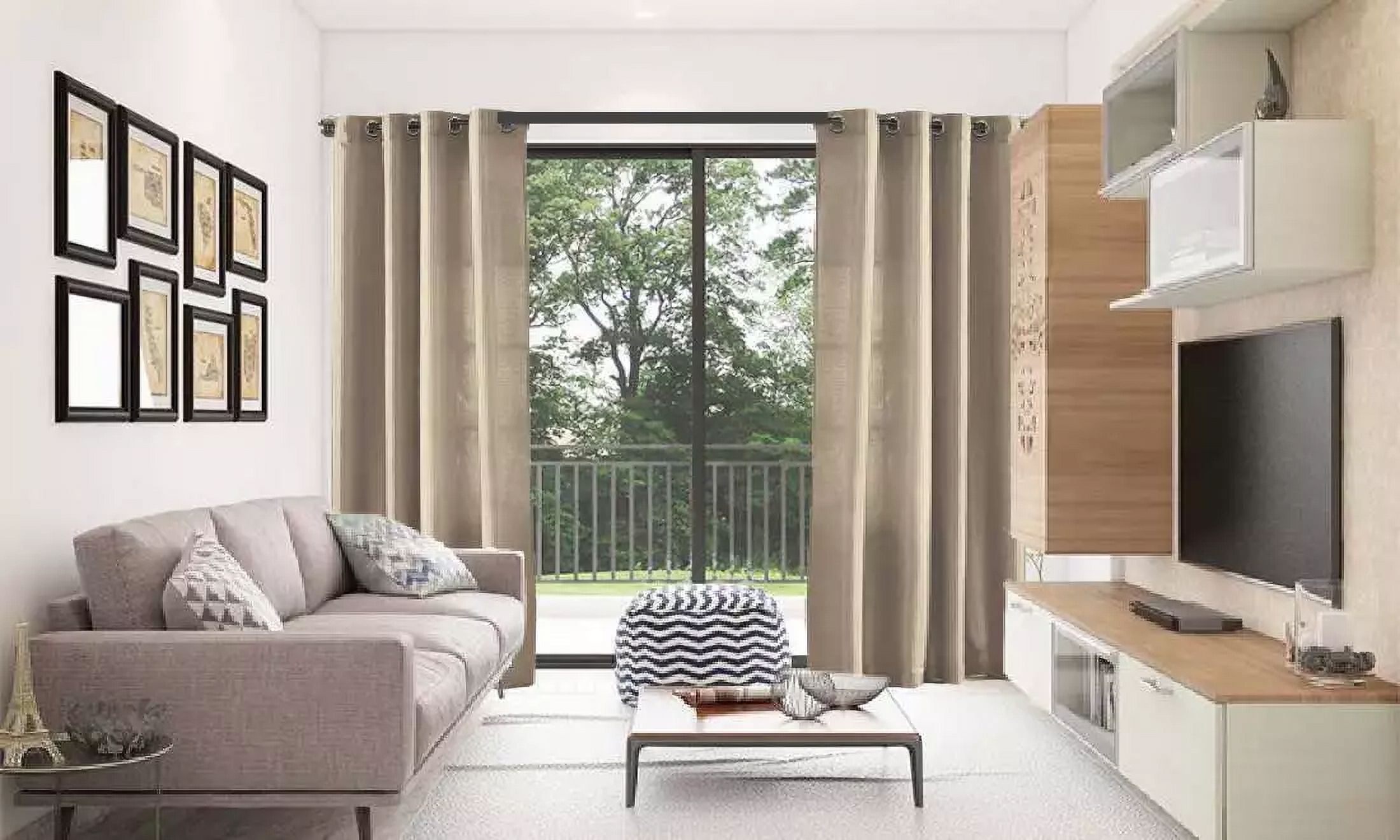 2 PANEL MIRA SOLID TAUPE TAN SEMI SHEER WINDOW FAUX SILK ANTIQUE BRONZE  GROMMETS CURTAIN DRAPES 55 WIDE X 108\, image size:2200x1320