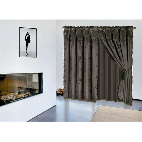 2 PANEL WINDOW CURTAIN SET (120" W X 84" L ) WITH VALANCE AND SHEER BACKING AND 2 TASSELS -FAUX SILK SHINY CURTAIN SET - ROD POCKET DRAPES LEAF FLORAL DESIGN CURTAIN , NADA BROWN