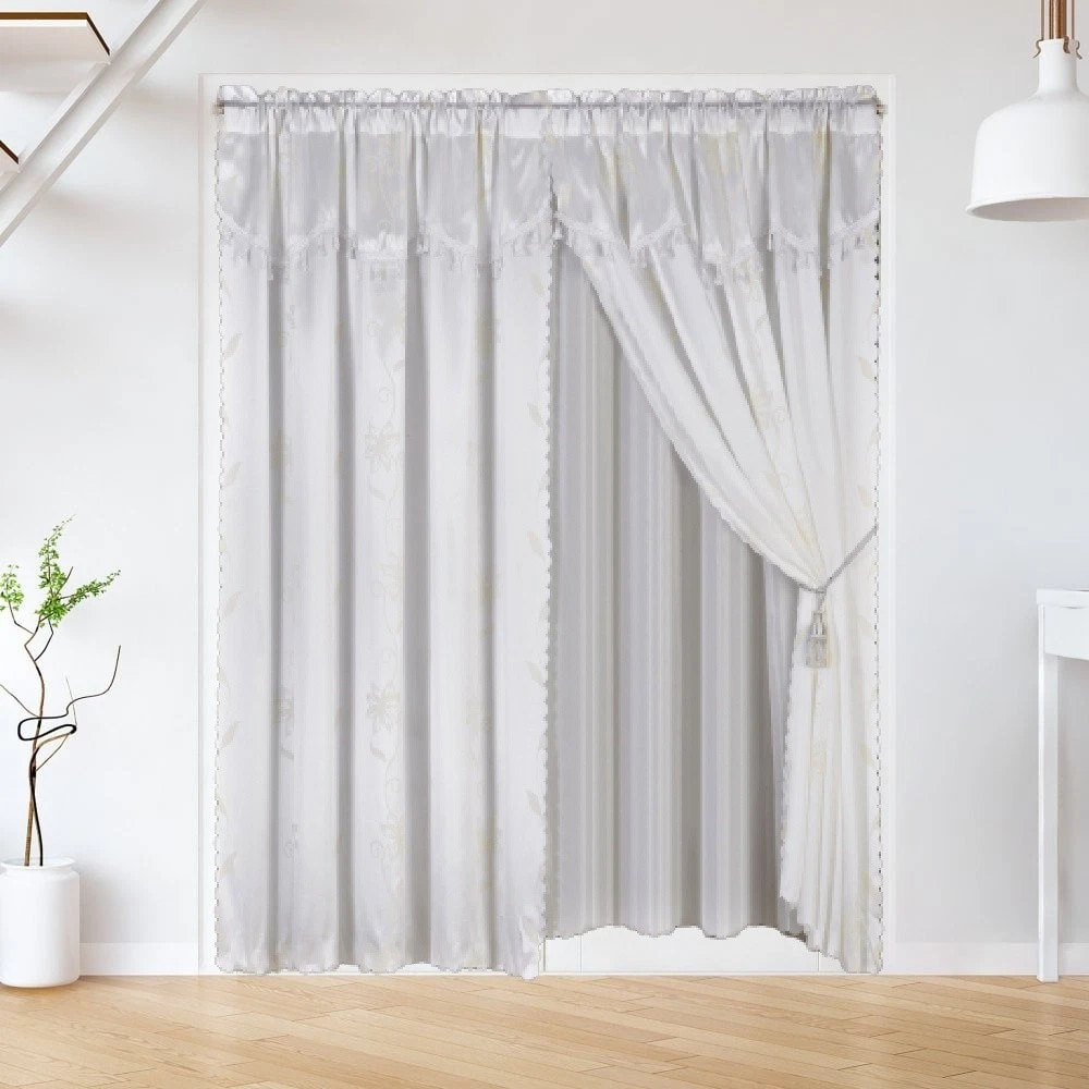 Gorgeous Home Linen 2pc Window Curtain Set 120" W X 84" L Attached Valance and Backing Sheer with 2 Tassels Rod Pocket Drape Leaf Printed White