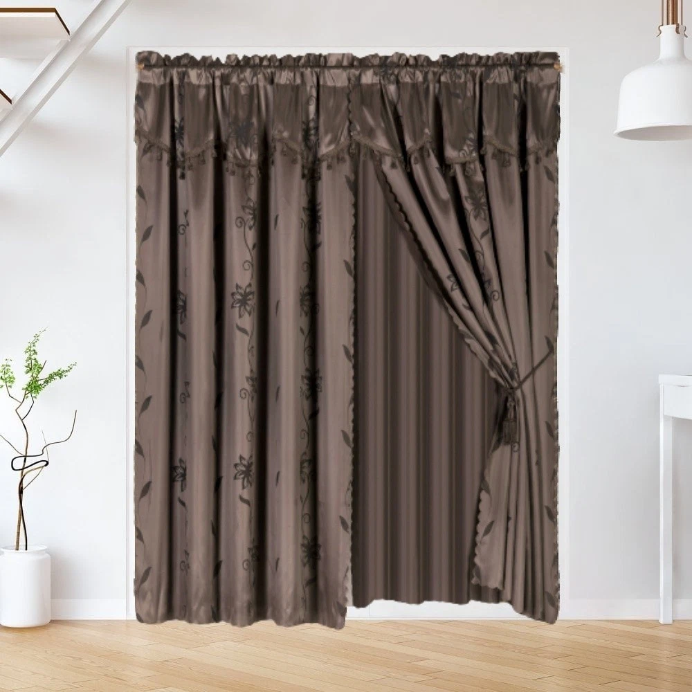 Gorgeous Home Linen 2pc Window Curtain Set 120" W X 84" L Attached Valance and Backing Sheer with 2 Tassels Rod Pocket Drape Leaf Printed Brown